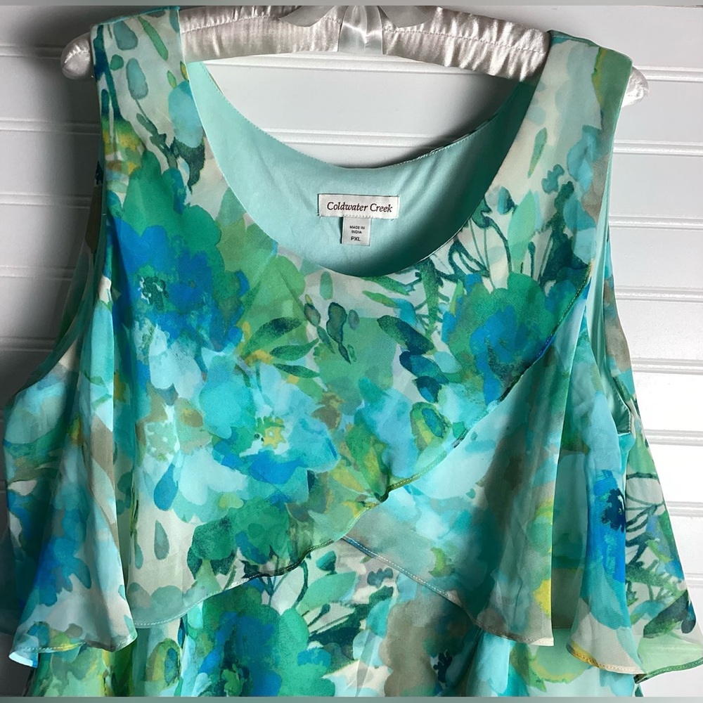 Coldwater Creek Light Blue& Green  tiered  Floral Midi Dress size PXL - Picture 4 of 12
